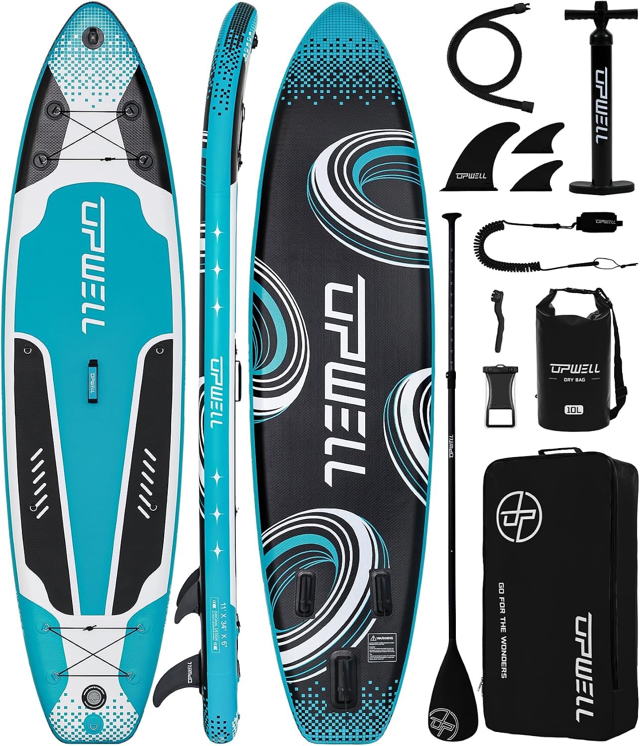 UPWELL 11'6'/11'2'/11'/10'8'/10'6'/10'2' Inflatable Stand Up Paddle Board with sup Accessories Including Backpack, Repairing Kits, Non-Slip Deck, Leash, 3 Fins, Paddle and Hand Pump