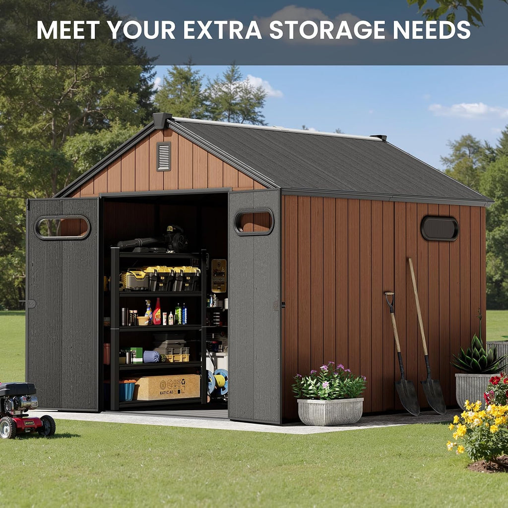 CRESTLIVE 8x10 FT Rust-Resistant Plastic Outdoor Storage Shed, Waterproof Resin Garden Shed with Floor, Doors, Skylight & Vent for Lawn Tools & Bikes