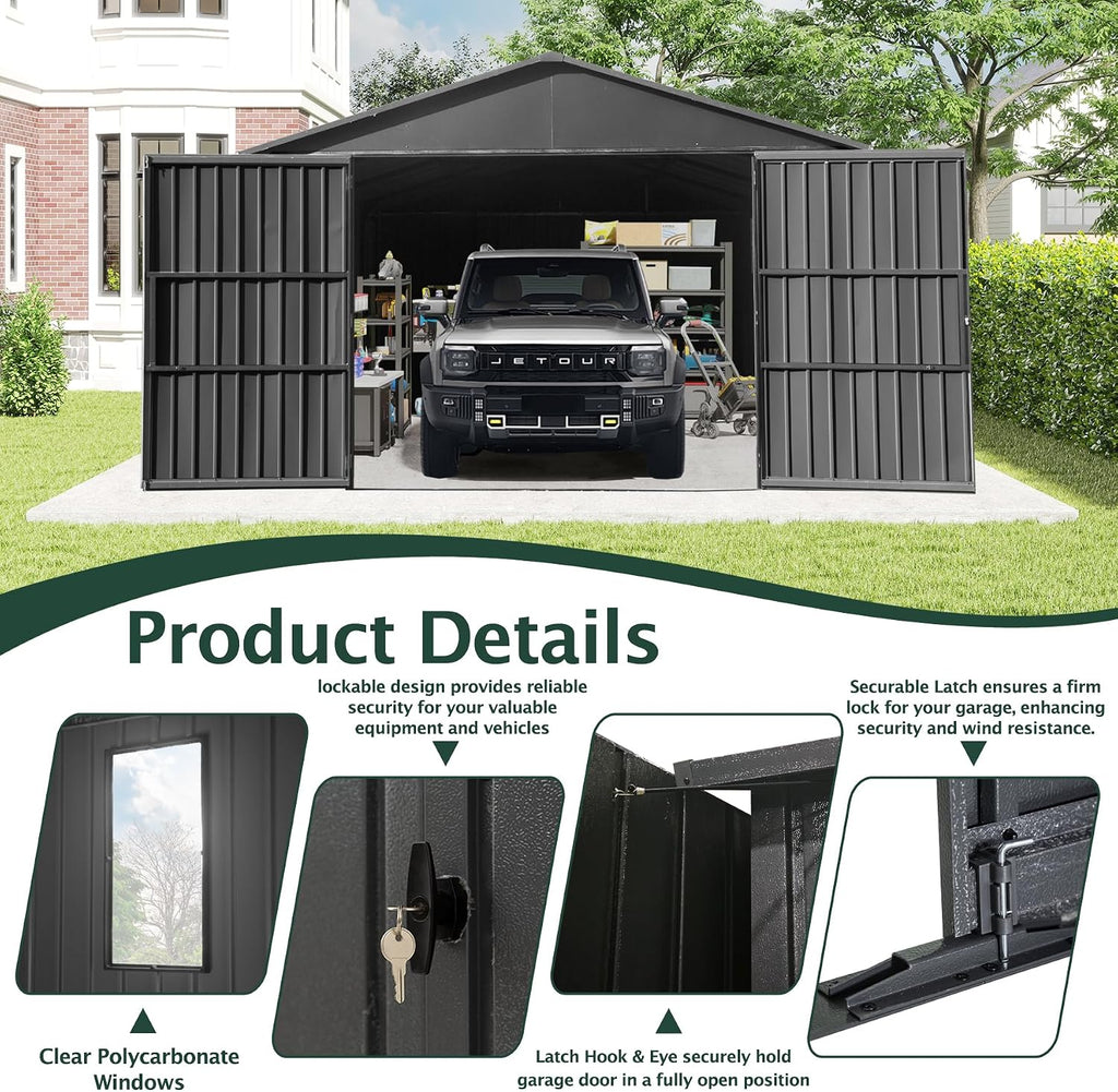 Domi 12'x15' Outdoor Metal Garage Shed, Weatherproof Enclosed Carport with Sidewalls & 2 Lockable Doors, Backyard Storage Shed for Car, Bike, Motorcycle, Lawn Mower, 80MPH Wind Resistance, Dark Grey