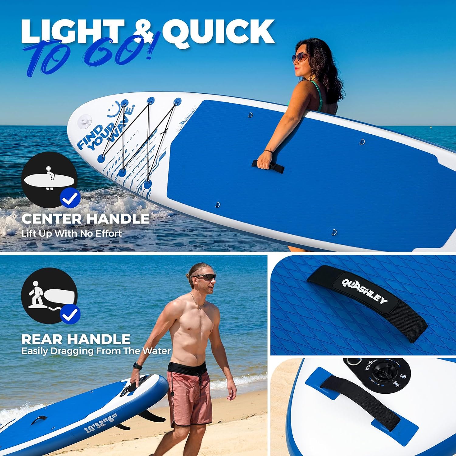 Quashley Inflatable Stand Up Paddle Board,Inflatable Paddleboards 32/34 Inch Wide,All Around SUP for Beginners with Lightweight Paddle,Hand Pump,Backpack,Leash,Durable & Portable iSUP Board