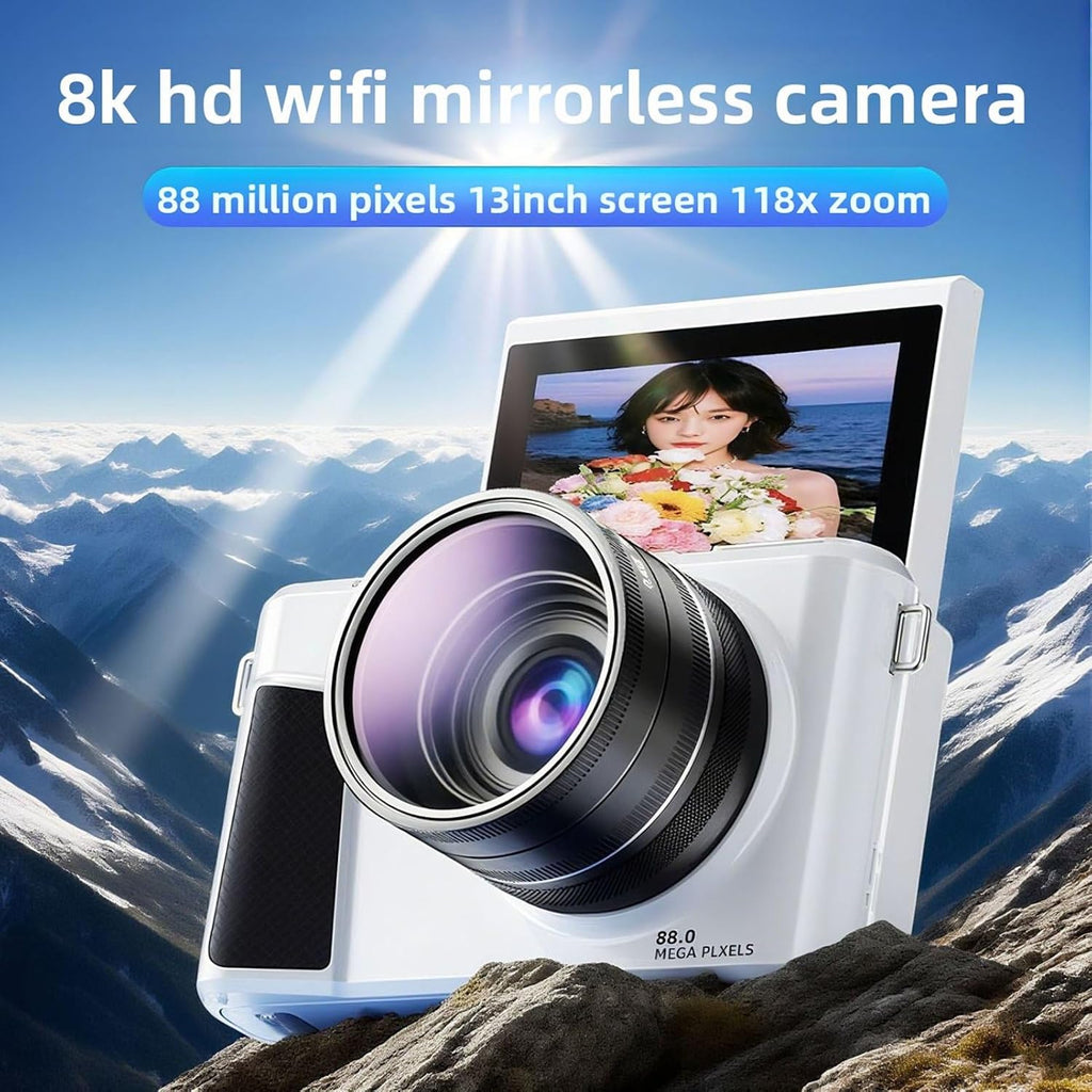 PUSOKEI 8K Digital Camera for Photography, 88MP Vlogging Camera with 3' 180 Flip Screen, 18X Zoom, Autofocus, Wide Angle Lens, WiFi Mirrorless Cameras with 32GB Card, 2 Batteries (White)