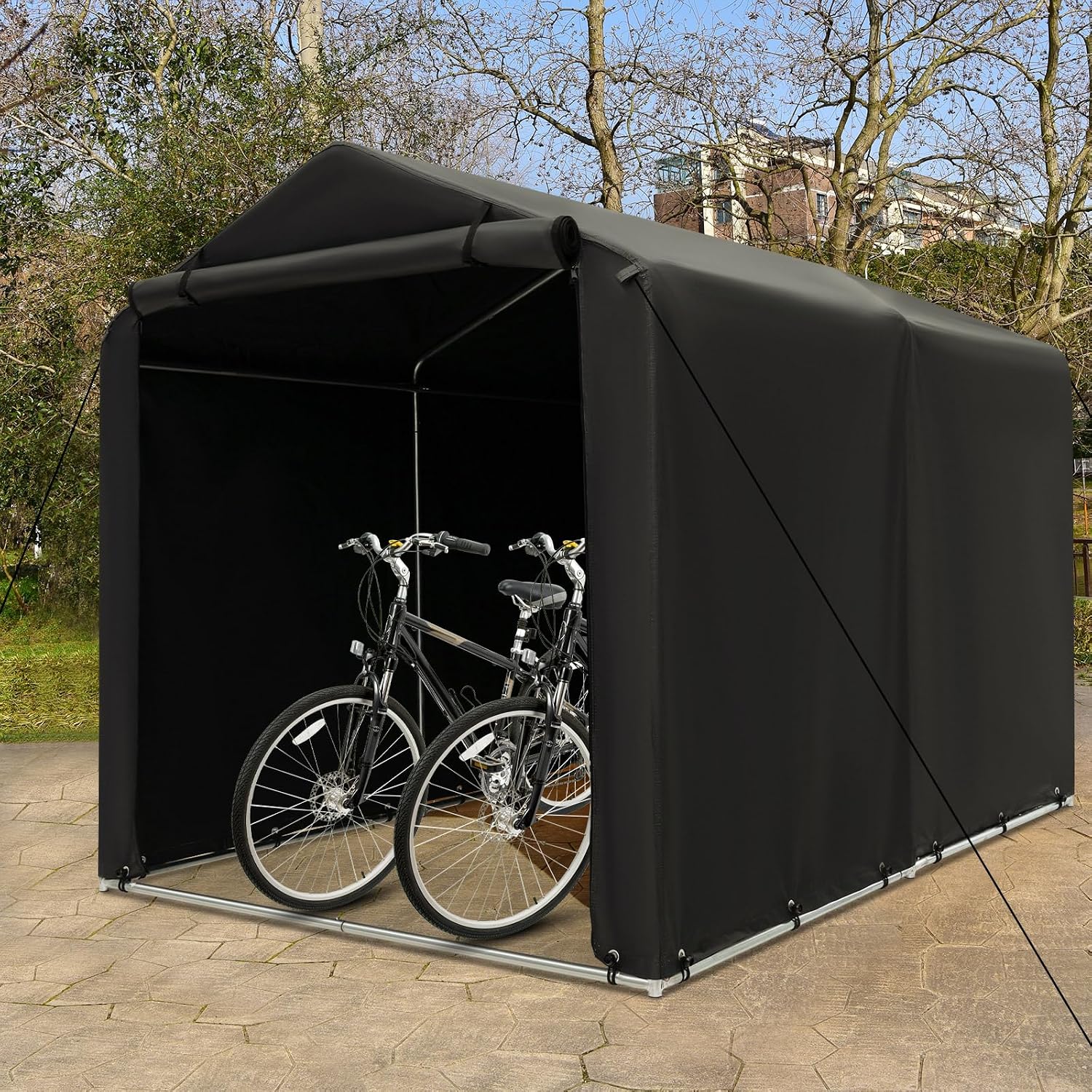Goplus Portable Storage Shed, 7 x 5.2 x 5.4 Ft Heavy Duty Motorcycle Shed w/Roll-Up Zipper Door, Metal Frame, Waterproof Cover & Wind Rope, Outdoor Storage Tent Shelter for Bike, Garden Tools