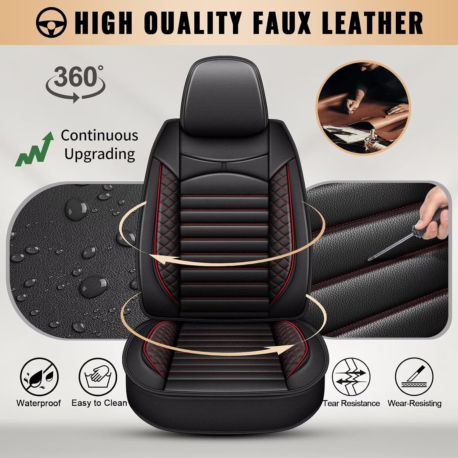 Car Seat Covers Fit for Hyundai Kona 2018-2026: Full Set 5 Seats Faux Leather Seat Cover Waterproof Seat Protectors Automotive Seat Cushion(Black & Red)-2 Rows 5 Seats