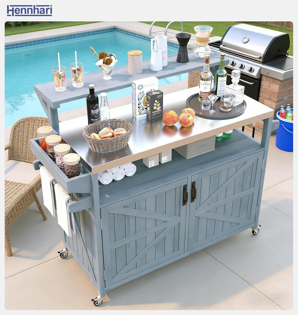 Outdoor Kitchen Island with Stainless Steel Top & Raised Shelf, Rolling Grill Cart with Spice & Towel Rack, Outdoor Island Table with Storage Cabinet & Hooks (Greyblue)