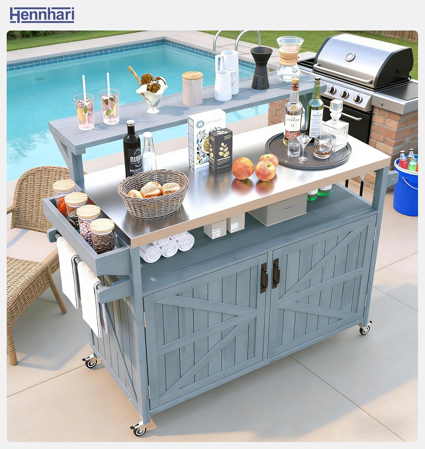 Outdoor Kitchen Island with Stainless Steel Top & Raised Shelf, Rolling Grill Cart with Spice & Towel Rack, Outdoor Island Table with Storage Cabinet & Hooks (Greyblue)