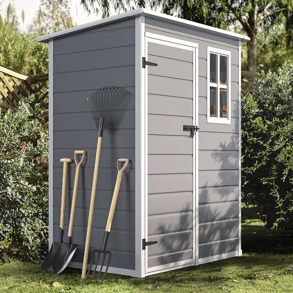DWVO 5x3 FT Outdoor Storage Shed with Reinforced Floor, All-Weather Resin Storage Shed with Lockable Door & Window, Waterproof Plastic Tool Storage for Garden, Backyard, Patio, Lawn, Gray