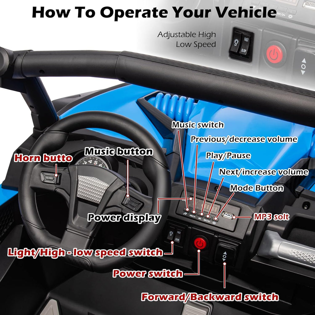 OTTARO 24V XXXL Electric Cars 2 Seater, Ride on Cars Vehicles for Big Kids, 4WD Ride on UTV Truck w/Remote Control, 25' Spacious Seat, 2 Safety Belts, Bright Light, Music Player,Bluetooth（Blue）