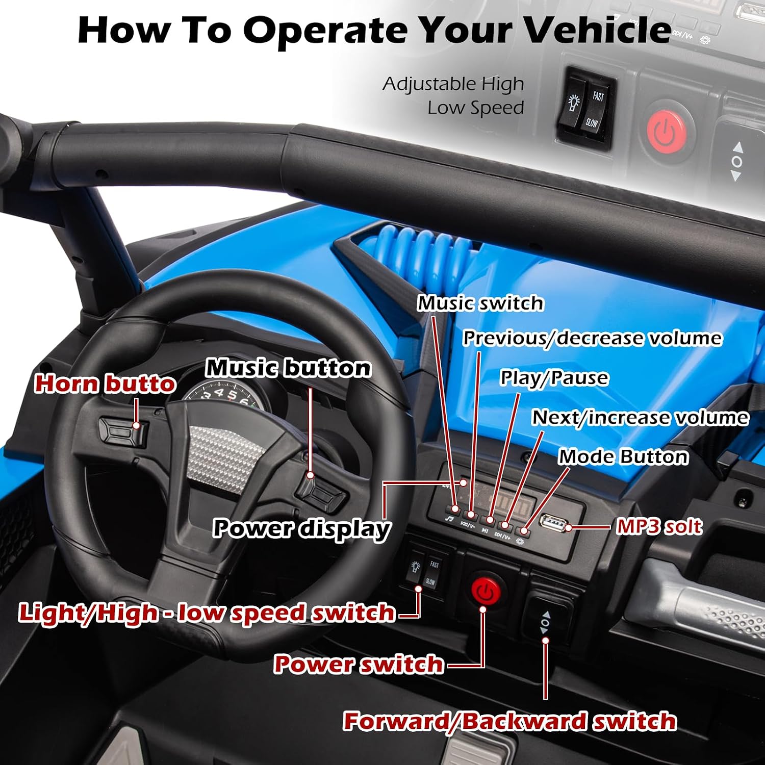 OTTARO 24V XXXL Electric Cars 2 Seater, Ride on Cars Vehicles for Big Kids, 4WD Ride on UTV Truck w/Remote Control, 25' Spacious Seat, 2 Safety Belts, Bright Light, Music Player,Bluetooth（Blue）