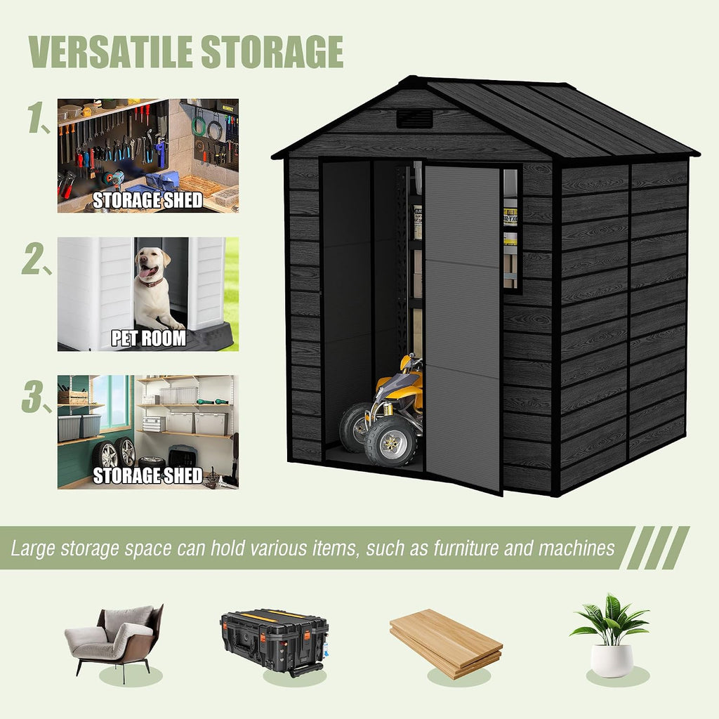 Plastic Storage Shed 6x6 Ft, Resin Outdoor Storage Shed, Garden Tool Sheds Weatherproof for Store Patio Furniture, Garden Tools Bike Accessories, Beach Chairs and Lawn Mower, Black Wood Grain