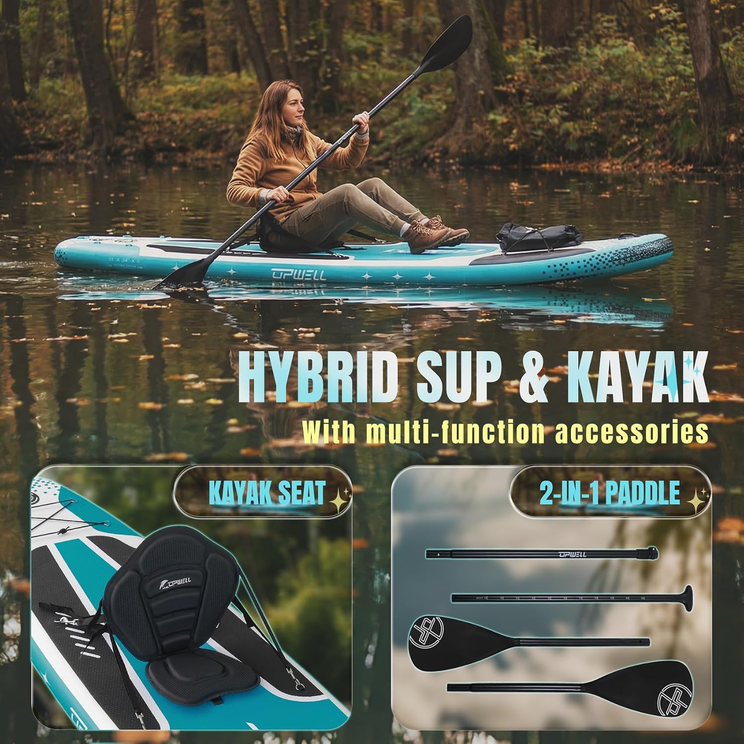 UPWELL 10'6'/11'/11'6' Inflatable Paddle Board, Stand Up Paddlboard for Youth & Adults, Stable Design, Premium SUP Accessories, Backpack, Leash, Hand Pump, Fins