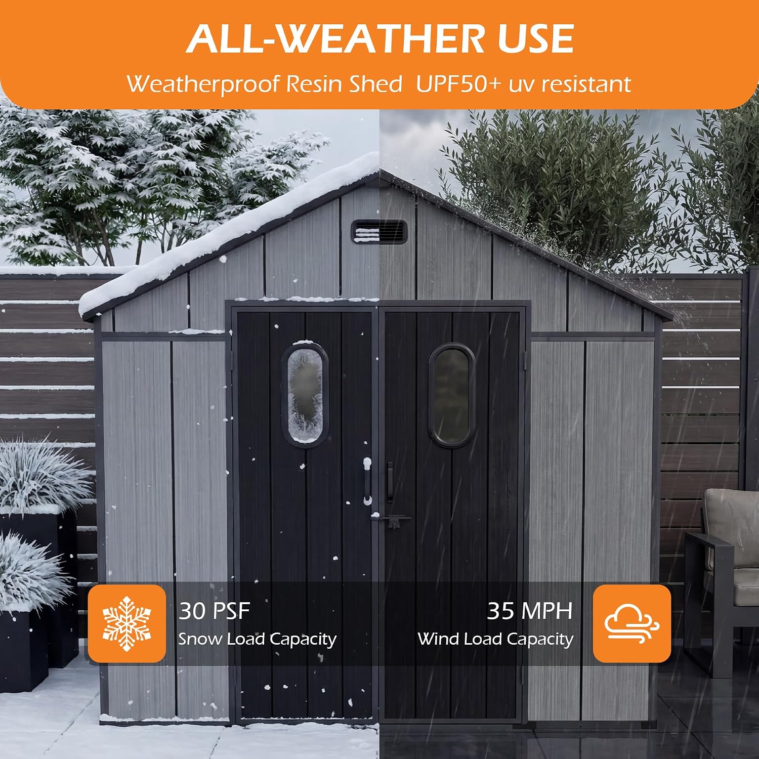 Domi 8x8Ft Resin Outdoor Storage Shed with Floor, Plastic Garden Storage Shed, Outside Weatherproof Storage Building for Tools, Bike, Lawn Mower, Patio, Backyard