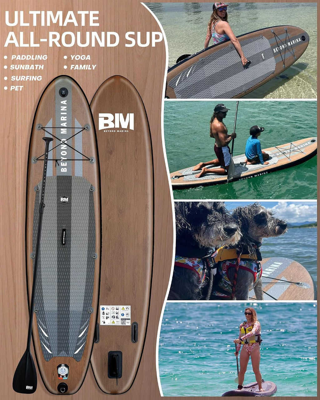 BM Paddle Board Inflatable Stand Up Paddle Board, SUP Paddleboard for Adult, Premium Accessories | Non-Slip EVA Deck & Foam Handles, Camera Mount, Double Action Pump, 85L Travel Backpack