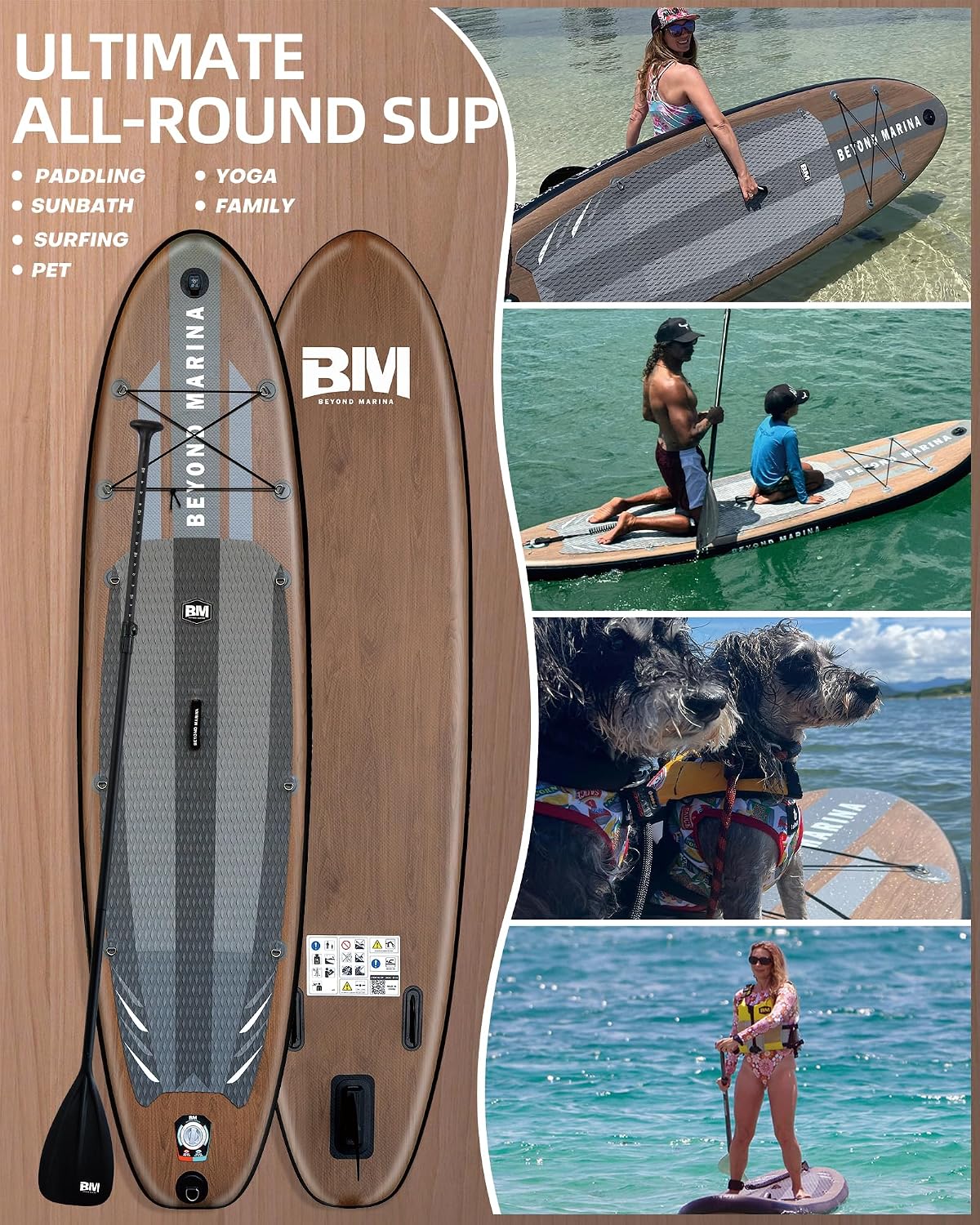 BM Paddle Board Inflatable Stand Up Paddle Board, SUP Paddleboard for Adult, Premium Accessories | Non-Slip EVA Deck & Foam Handles, Camera Mount, Double Action Pump, 85L Travel Backpack