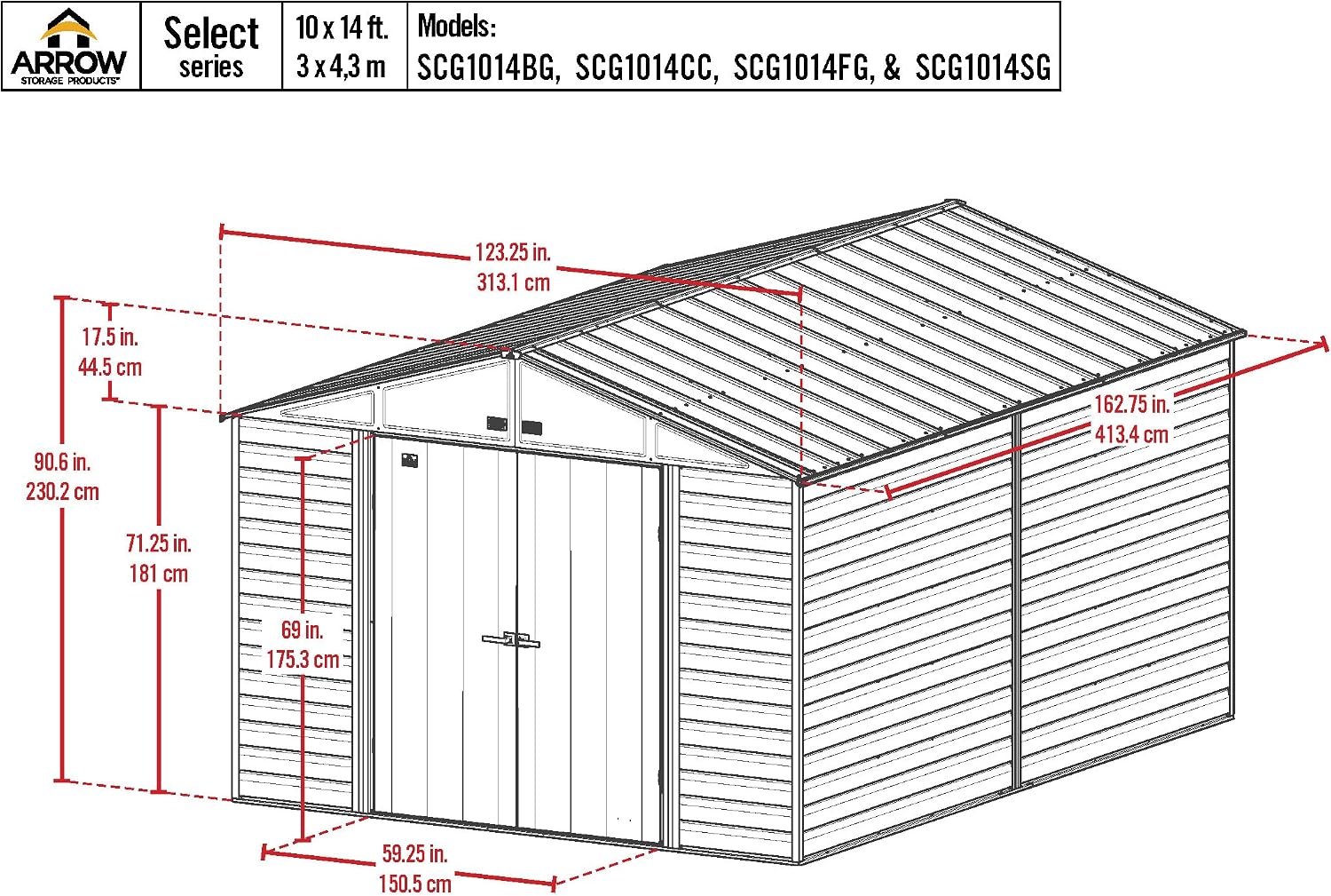 Arrow Shed Select 10' x 14' Outdoor Lockable Steel Storage Shed Building, Blue Grey