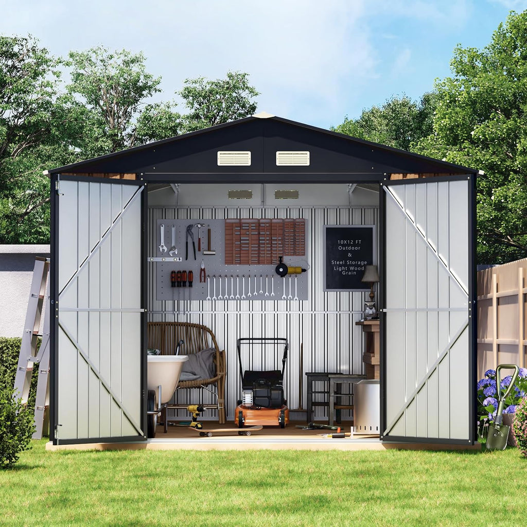 Panovue 10X12 FT Outdoor Steel Storage Shed with Lockable Doors, 2 Windows, Garden Shed with Metal Frame Floor, Ideal for Backyard, Patio Storage,Chicken Coop(Wood Panels Not Included)