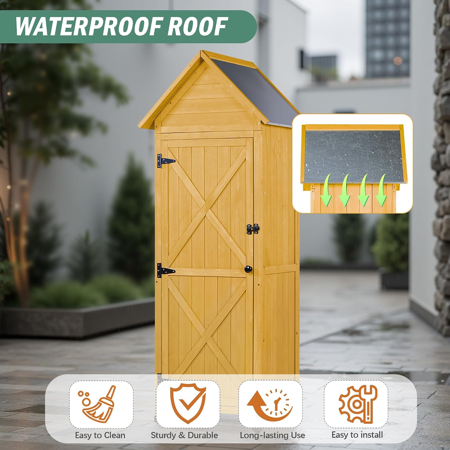 Wooden Outdoor Storage Cabinet,Tall Vertical Garden Tool Shed with Waterproof Metal Roof & Adjustable Feet – Perfect for Yard, Patio, Lawn & Deck (Yellow, 22' x 26' x 67')