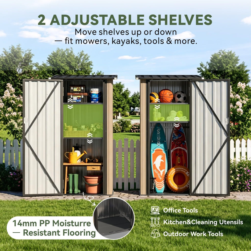 Aoxun Outdoor Storage Shed with Floor - Vertical Cabinet, 3x3 FT Metal Shed with 2 Adjustable Shelves & Lockable Doors Waterproof Tools Shed for Backyard, Garden, Patio, Lawn (Brown)