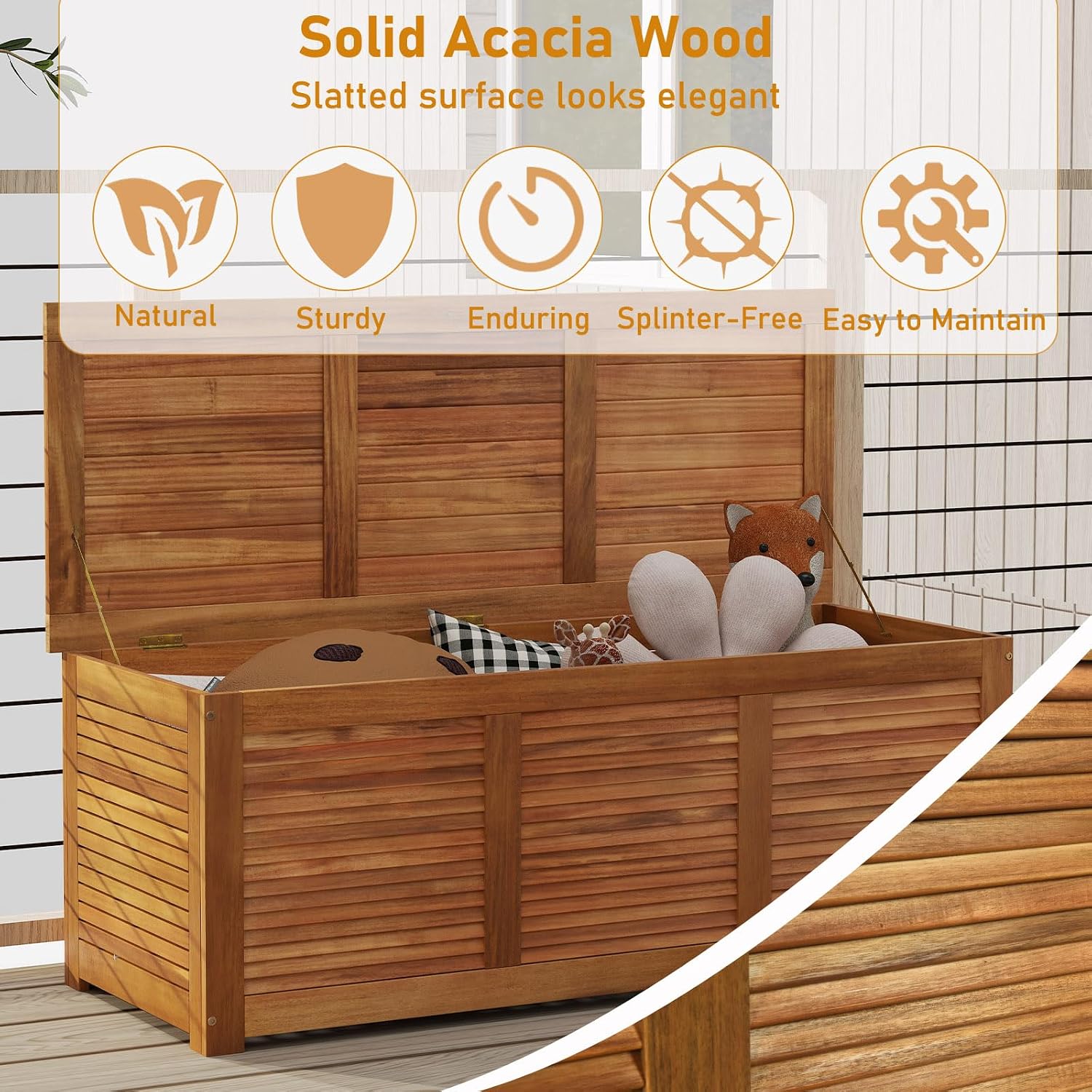 RELAX4LIFE Deck Box Acacia Wood, 46 Gallon Backyard Storage Bin Container for Patio Furniture Cushions, Pillows, Garden Tools, Pool Accessories, Wooden Porch Bench, Indoor Outdoor Storage Box (46 Gal)