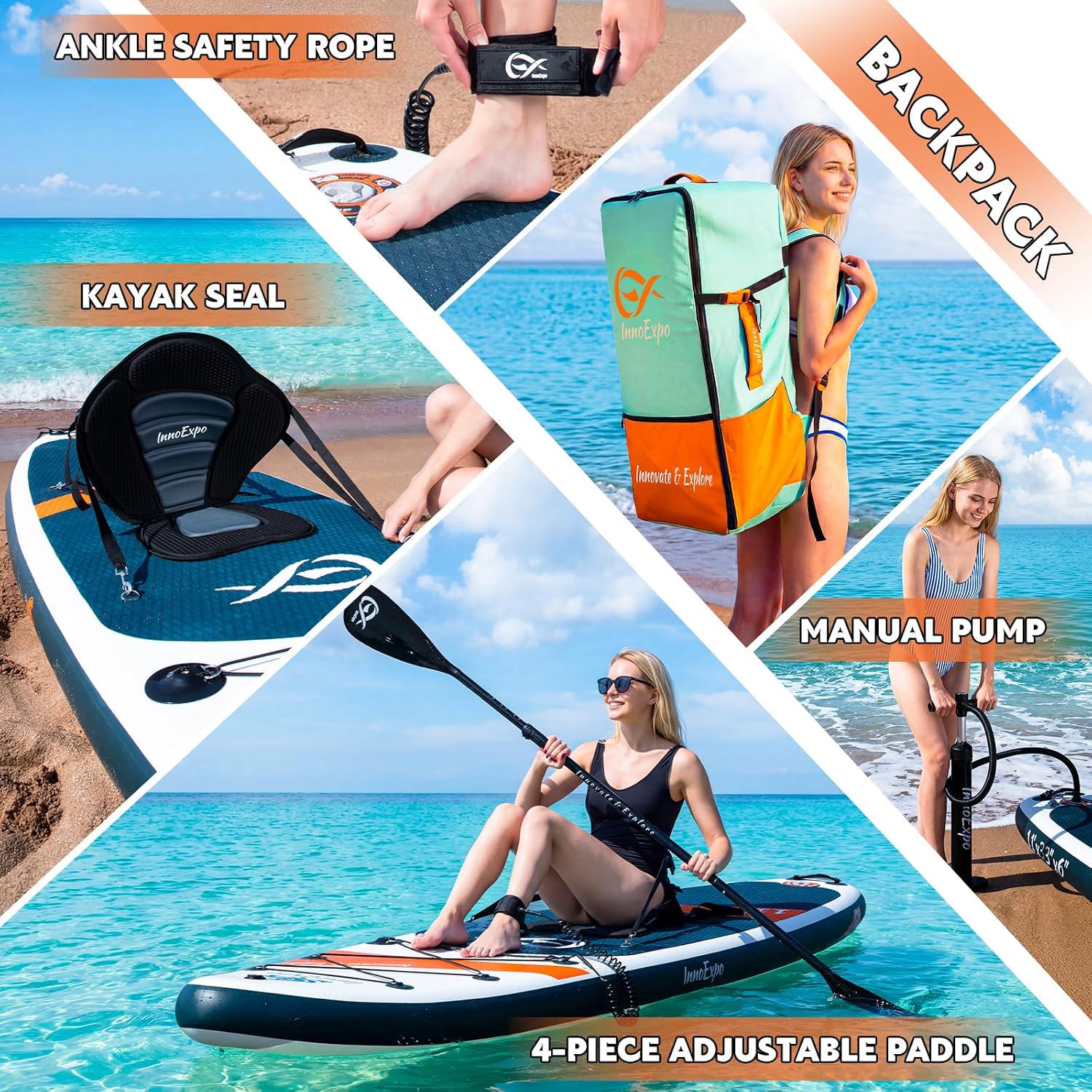 InnoExpo Inflatable Stand Up Paddle Boards with Premium Accessories, Wide Stable SUP Paddle Board Design, Non-Slip Comfort Deck for Youth & Adults