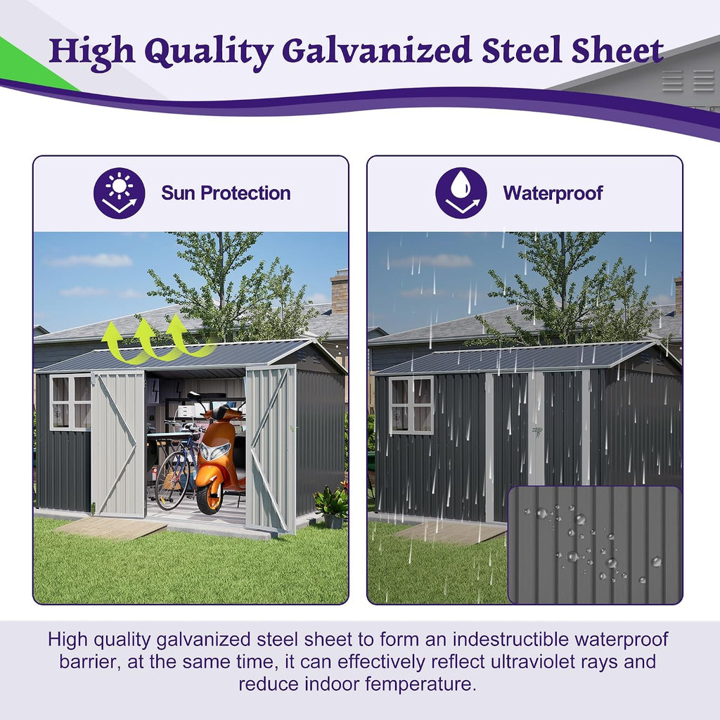 YOPTO 10X8 FT Outdoor Storage Shed,Metal Shed W/Window,Floor Frame & Lockable Swing Door,Garden Tool House W/ 4 Air Vents & Sloped Roof,for Backyard Patio Lawn,Gray