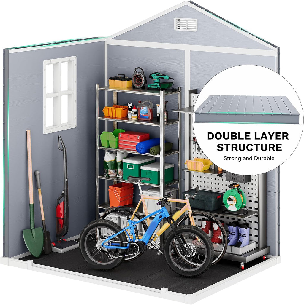 DWVO 6x4.4 FT Resin Storage Shed with Fence-Style and Side Windows, Lockable Door, and Vents for Garden, Backyard, Patio, Lawn, Gray
