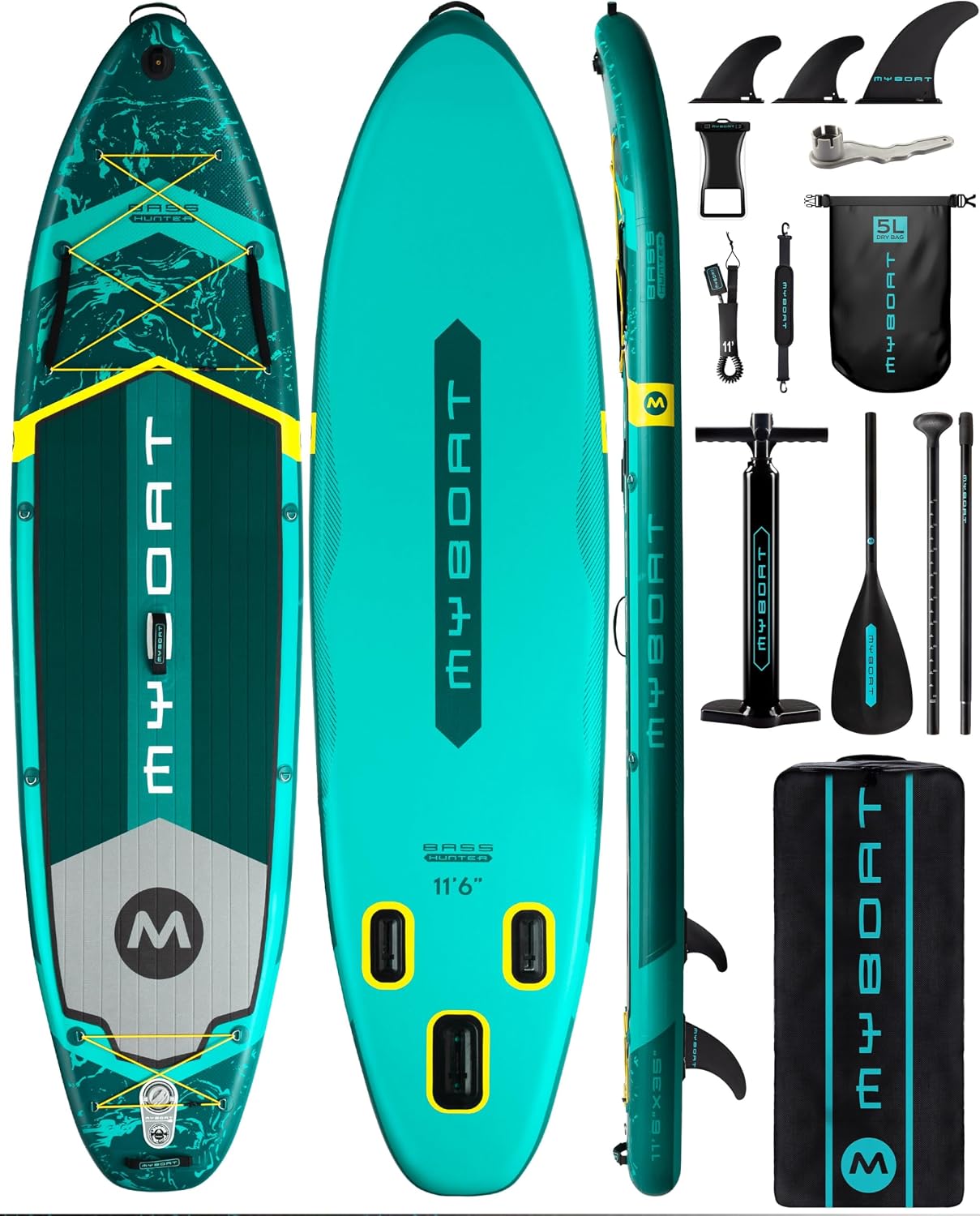 MYBOAT 11'6'×34'×6' Extra Wide Inflatable Paddle Board, Stand Up Paddle Board for Fishing, Sup Board with 3 Removable Fins, Dual Bungees, Camera Mount, Hand Pump, Strong Paddle,Leash