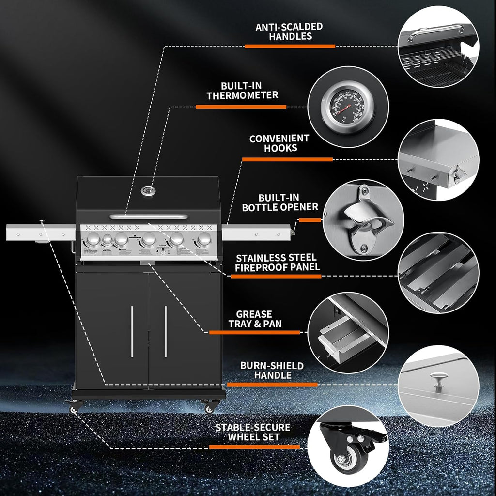 Propane Gas Grill, 5+1 Stainless Steel Barbecue Grill with Infrared Side Burner for Outdoor Cooking