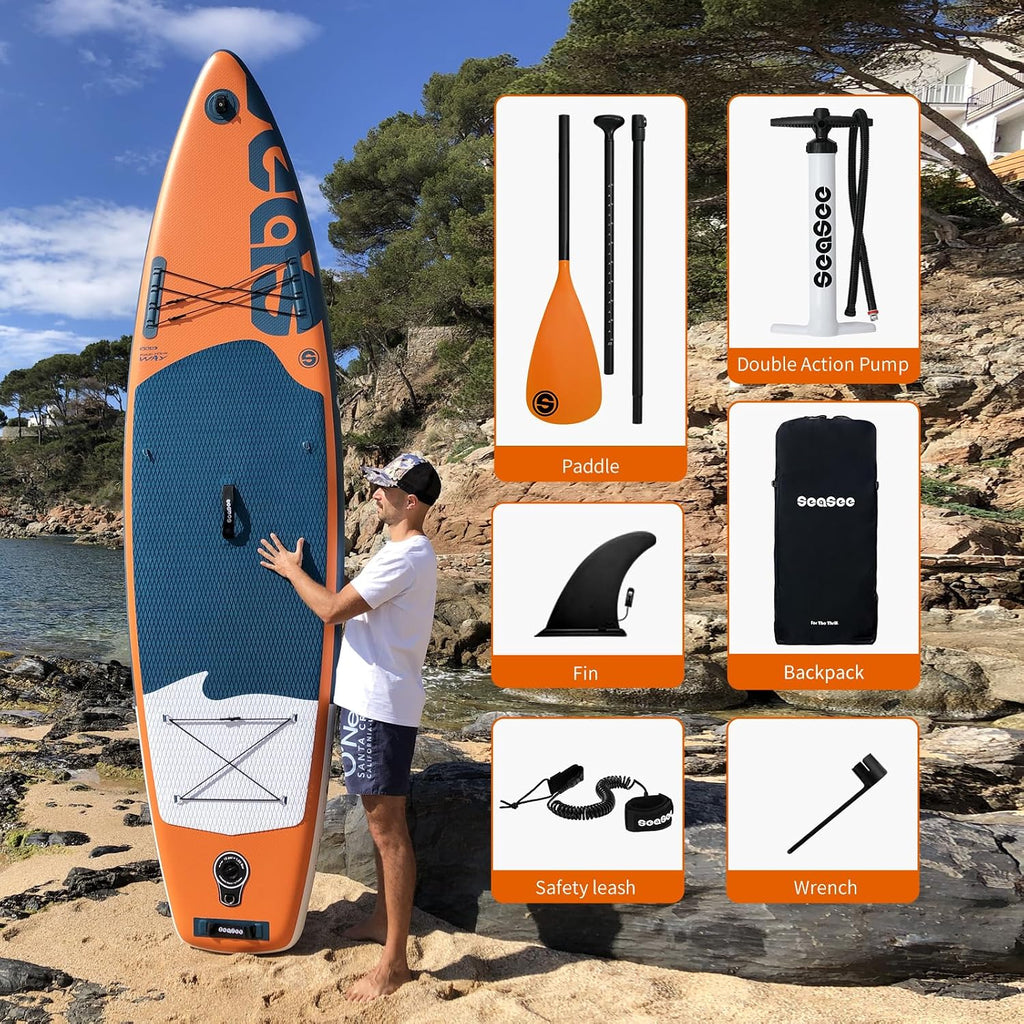 Inflatable Stand Up Paddle Board Includes Paddle, Dual Action Pump, and Accessories 11ft Lightweight iSUP, 33'*6' Wide Stable Design, Anti-Slip EVA Deck, Paddle Board for Adults