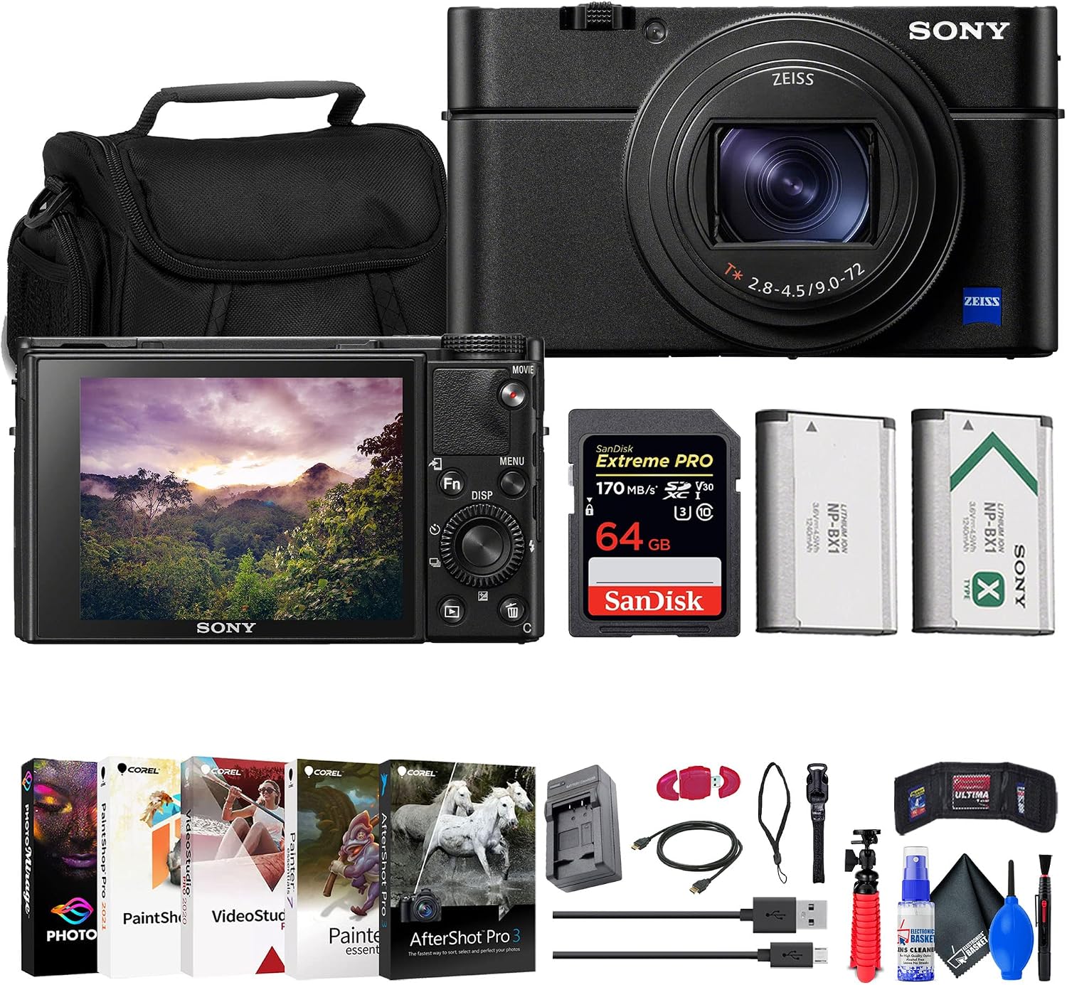 Sony Cyber-Shot DSC-RX100 VII Digital Camera (DSC-RX100M7) + 64GB Memory Card + Case + NP-BX1 Battery + Card Reader + Corel Photo Software + HDMI Cable + Charger + Flex Tripod + More (Renewed)