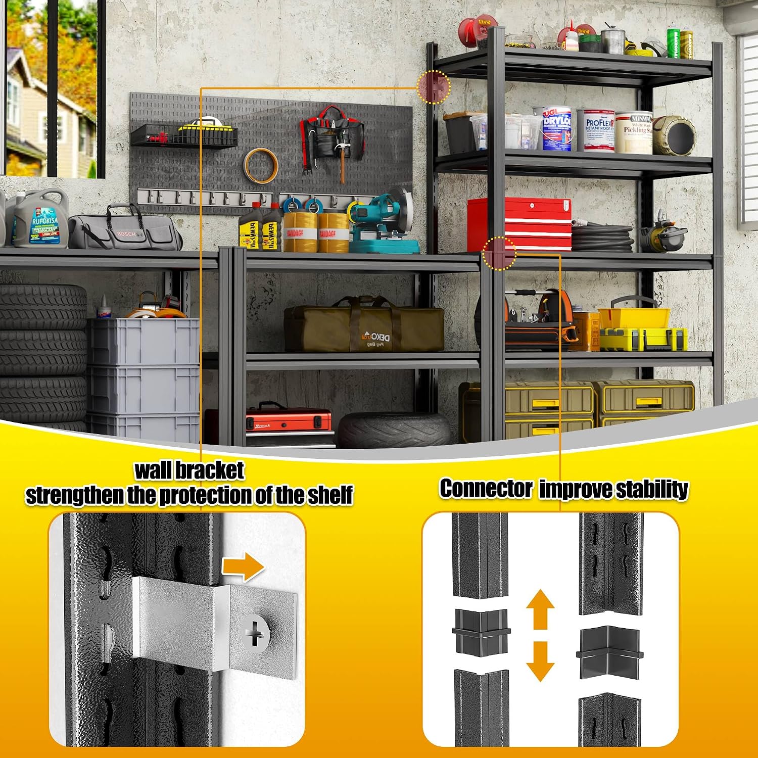 Storage Shelves, Garage Metal Shelving Unit, Adjustable, Double-Layer Column with Reinforced Ribs, Heavy-Duty, Capable of Bearing 600-3600 lbs (Black, 45''W*20''D*82''H, 6-Tier)