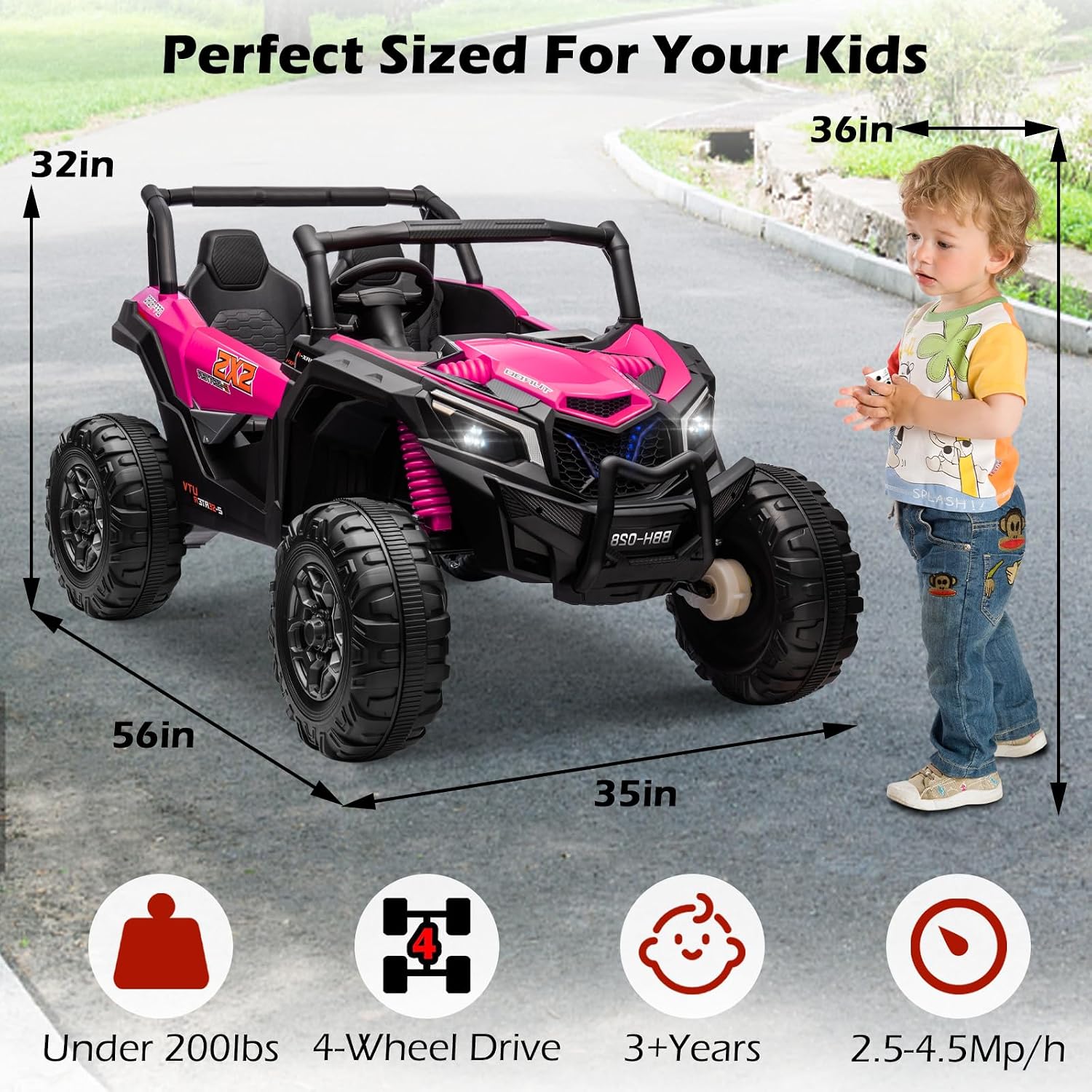OTTARO 24V XXXL Electric Cars 2 Seater, Ride on Cars Vehicles for Big Kids, 4WD Ride on UTV Truck w/Remote Control, 25' Spacious Seat, 2 Safety Belts, Bright Light, Music Player,Bluetooth（Pink）