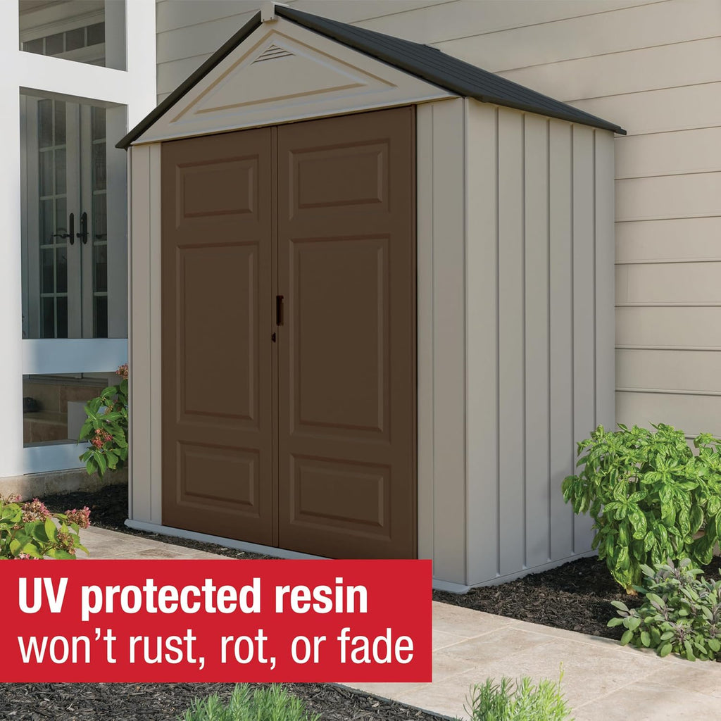Rubbermaid Resin Outdoor Storage Shed With Floor (7 x 3.5 Ft.) Weather Resistant Brown/Grey Organization for Home/Lawn Mower/Backyard Equipment/Bike Storage/Pool Supplies