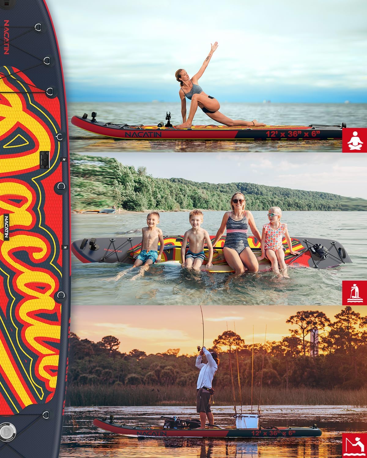 NACATIN 12'/366cm Extra Large Inflatable Stand Up Paddle Board with Seat, Wide 36'/91cm SUP Board for Adults & Family, with Single/Double Paddle, Kayak Seat, Pump, Stable Wide Deck for Beginners
