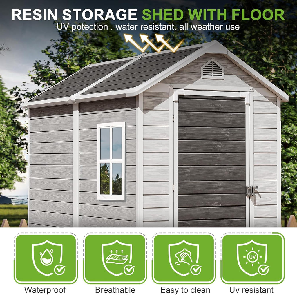 4x6 FT Plastic Outdoor Storage Shed with Floor and Lockable Door, All-Weather Resin Storage Shed Easy to Install, Plastic Sheds & Outdoor Storage for Garden Backyard, Patio, Dove Grey