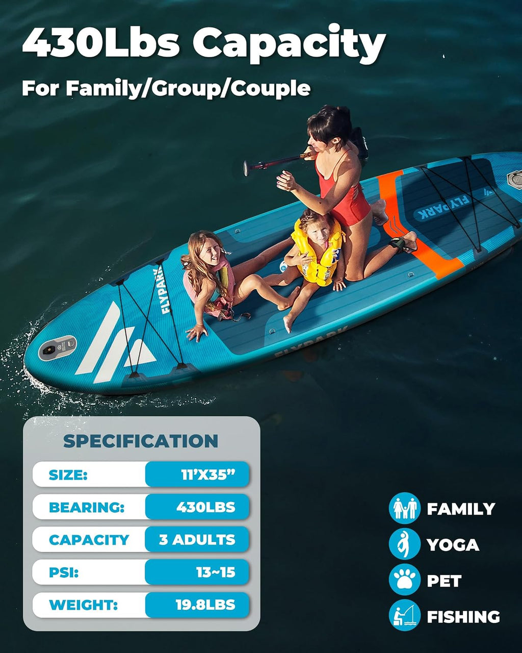 Flypark 10'8/11'x35'' Fishing&Family Stable Inflatable Paddle Boards, Extra Wide SUP Paddleboard Inflatable, 430lb/3 People, Stand Up Paddle Board for Adults, Camera Mount, Shoulder Strap, Rod Holder