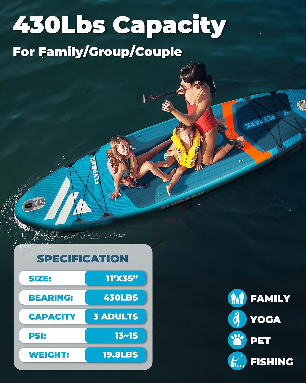 Flypark 10'8/11'x35'' Fishing&Family Stable Inflatable Paddle Boards, Extra Wide SUP Paddleboard Inflatable, 430lb/3 People, Stand Up Paddle Board for Adults, Camera Mount, Shoulder Strap, Rod Holder
