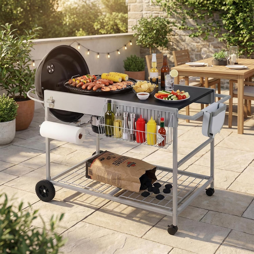 HAPPYGRILL Outdoor Grill Table for 18'& 22' Weber Original Kettle, Movable BBQ Grill Cart w/Wire Rack, Seasoning Rack & Garbage Can, Prep Kitchen Island w/Storage for Backyard Camping Picnic