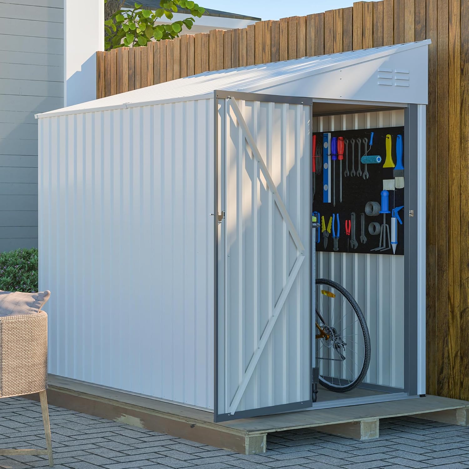 YOPTO 4x7 FT Outdoor Storage Shed,Lean to Lockable Metal Garden Shed Steel with Reinforced Beams,All Weather Waterproof Storage House W/Lockable Door&2 Air Vents,for Backyard,Patio,Lawn,Garden,White