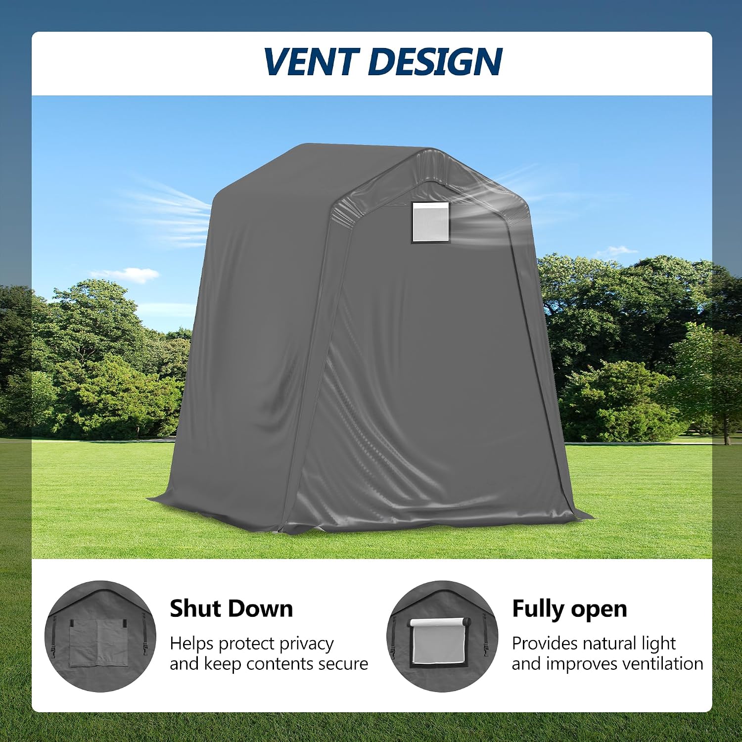 COVERONICS 6' x 7' Outdoor Storage Shed - Heavy Duty Portable Shelter Carport with Ventilation Windows and Roll-up Doors, Storage Shelter Tent for Motorcycle, Bike, Lawnmower and Garden Tools, Grey