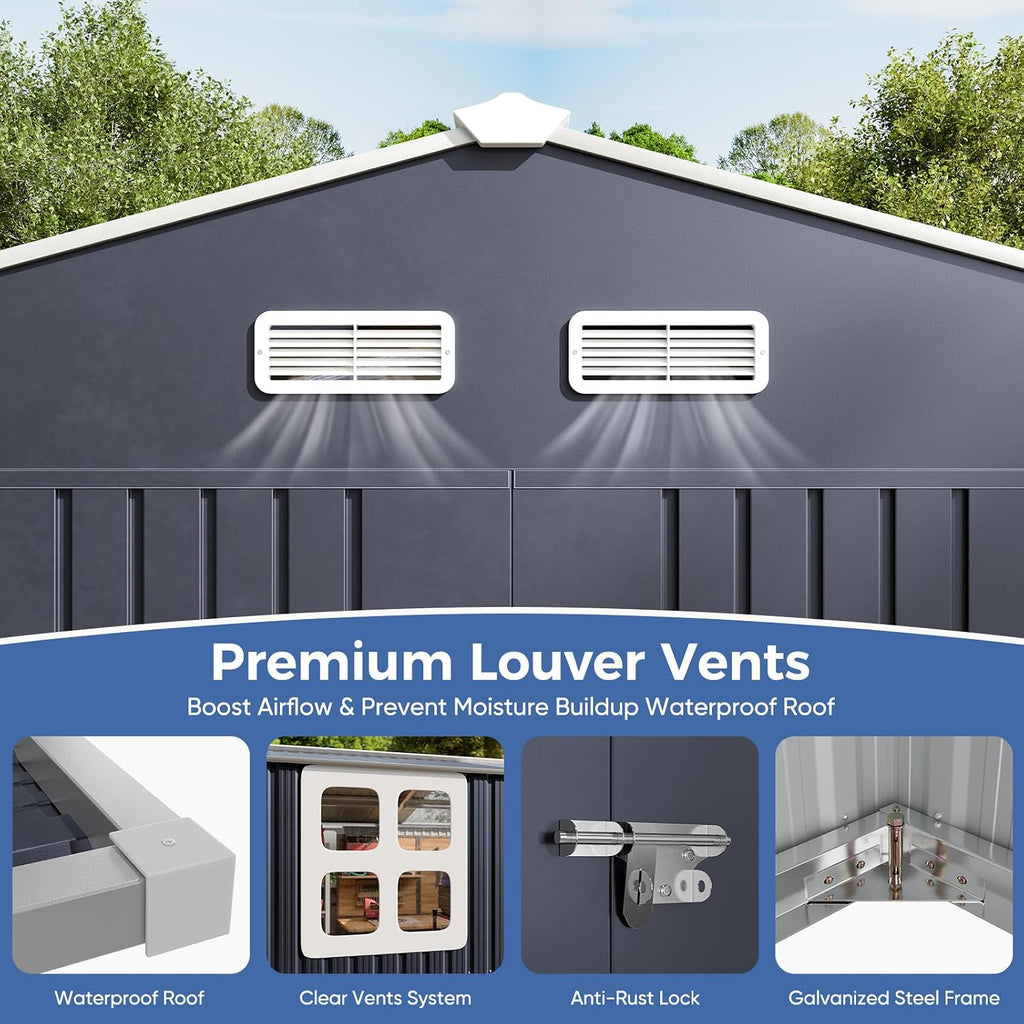 K Knowbody 10x16 FT Metal Shed with Floor Kit, 20-Gauge Reinforced Frame with Powder Coating, 50 PSF Snow Load & 120 MPH Wind Rated, Large Outdoor Storage Building with Skylight for Garden & Bike