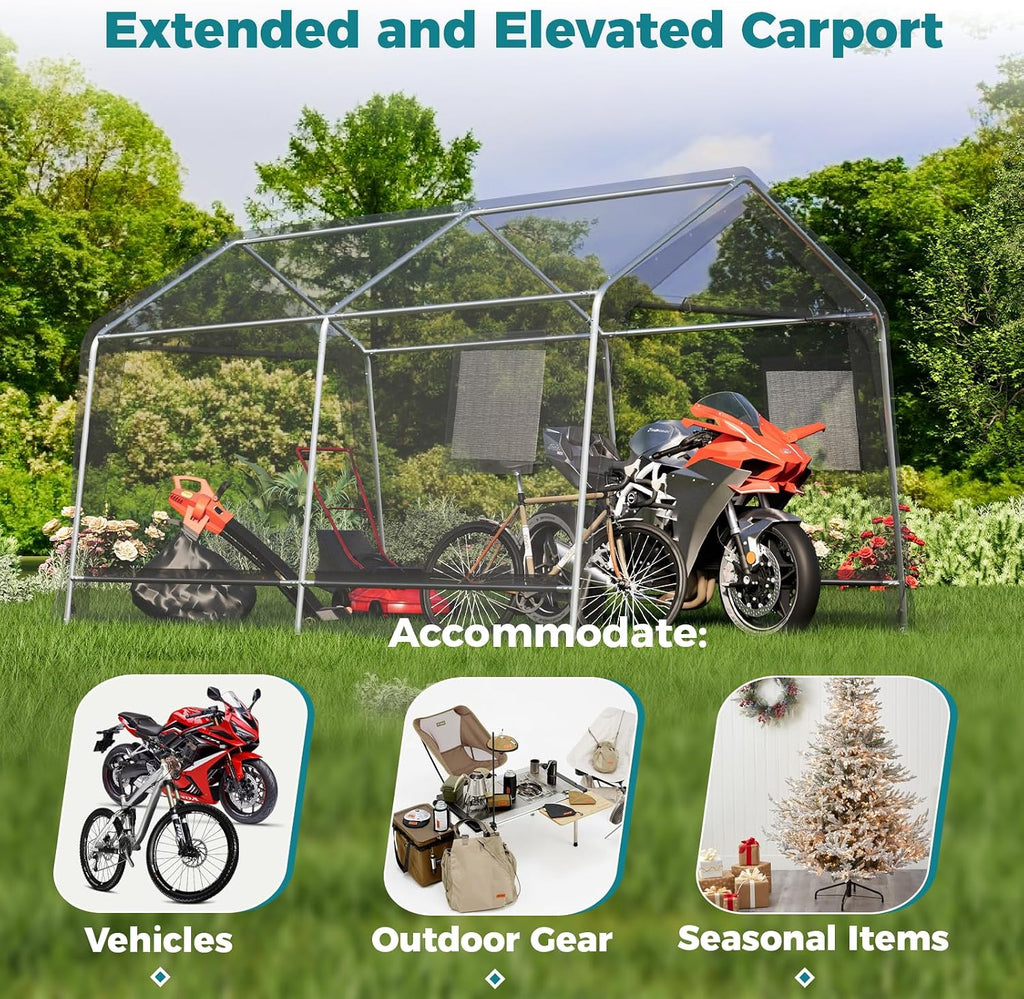 EROMMY 8x14 FT Heavy Duty Carport with All-Steel Metal Frame, Portable Garage with Reinforced Base, All-Season Car Canopy for Car, Boat, Truck