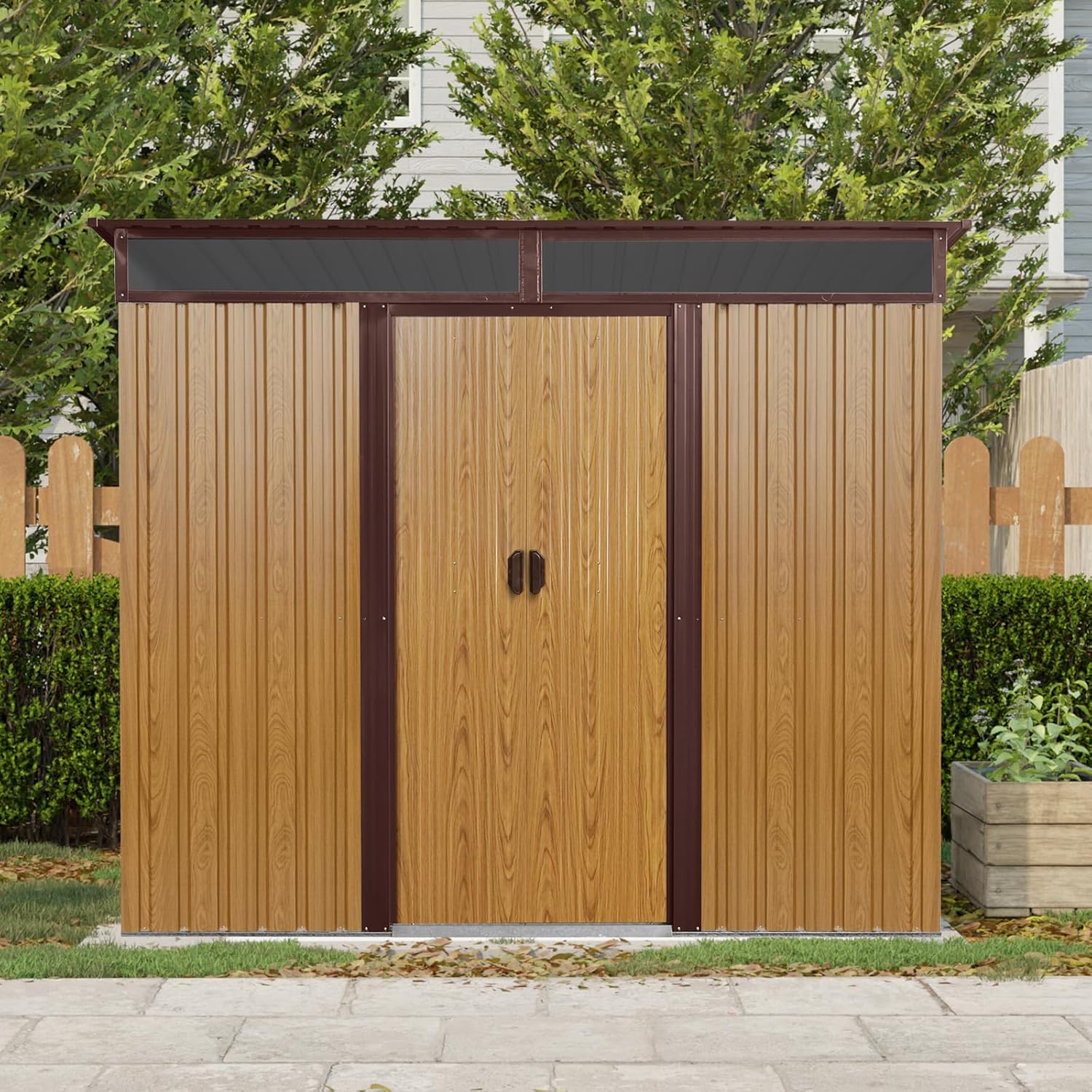 8x6 ft Outdoor Metal Storage Shed with Floor Floor and Window, Lockable Galvanized Steel Tool Shed with Sliding Door, Air Vent and Transparent Plate, Waterproof Garden Storage House for Backyard