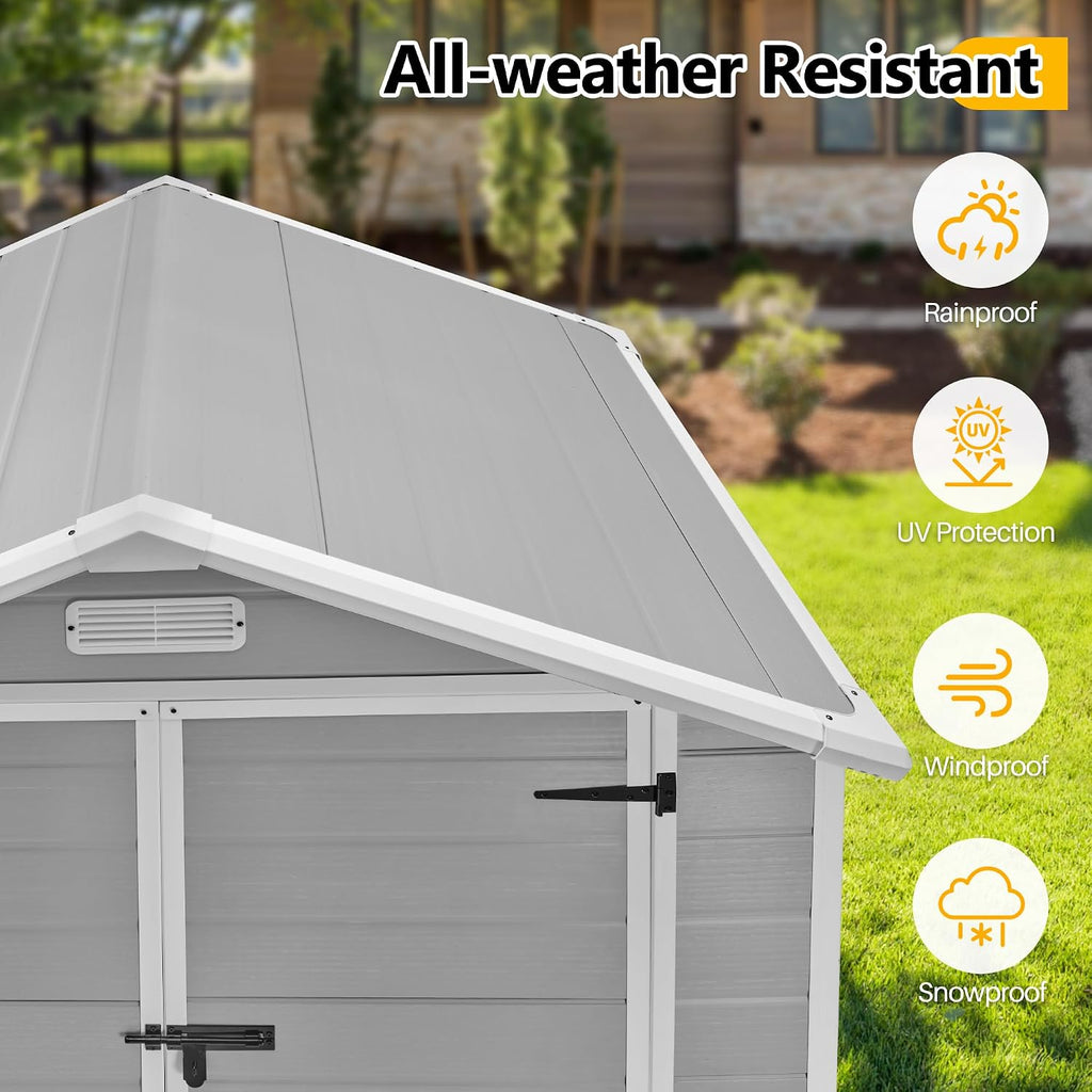 HUGROVE 6×4ft Outdoor Storage Shed with Floor, Waterproof & UV-Resistant Resin Garden Shed for Backyard with Lockable Double Doors, Air Vents & Side Window (Light Gray)