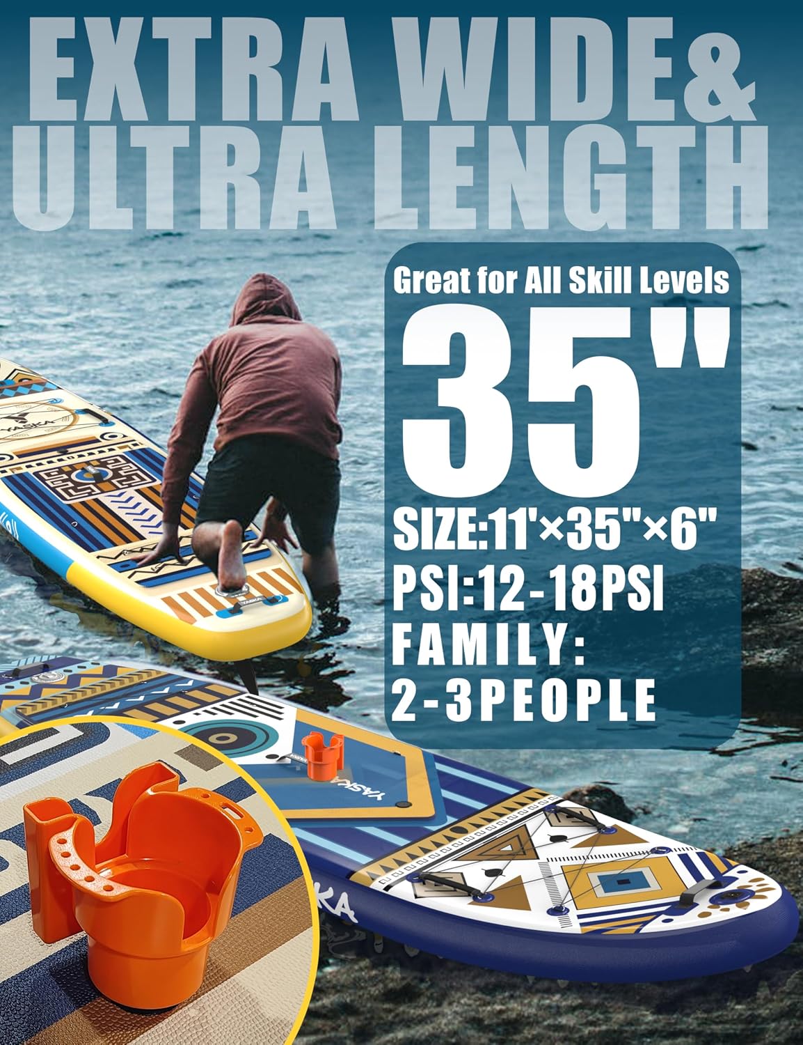 YASKA Inflatable Stand up Paddle Board 11ft with Premium SUP Accessories,Extra Wide Design Non-Slip Paddleboard for Beginner Adults Advenor Yoga Fishing