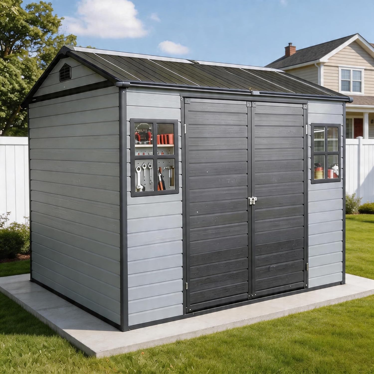8x6 FT Resin Storage Shed with Floor, Outdoor Lockable Garden Shed with Windows & Vents, Large Backyard Storage for Tools Bikes (Black Grey)