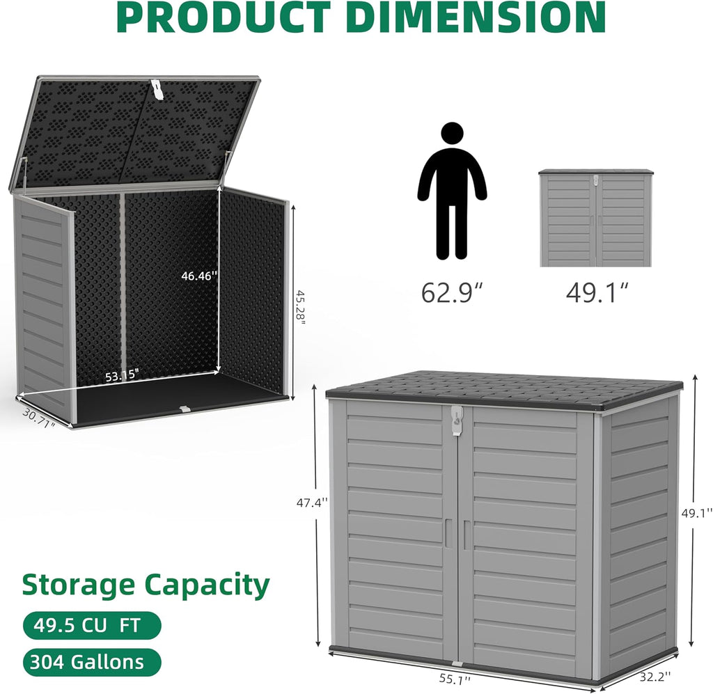 Horizontal Outdoor Trash Can Storage Shed, 304 Gallon Resin Garbage Can Storage Shed with Lockable Doors & Lift Lid, Waterproof Bin Shed for Backyard, Patio & Garden (Gray)
