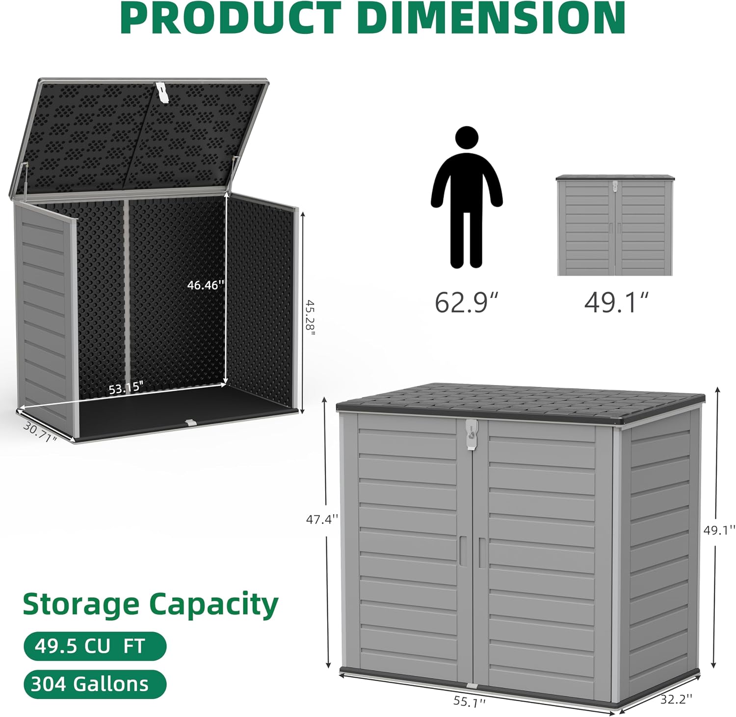 Horizontal Outdoor Trash Can Storage Shed, 304 Gallon Resin Garbage Can Storage Shed with Lockable Doors & Lift Lid, Waterproof Bin Shed for Backyard, Patio & Garden (Gray)