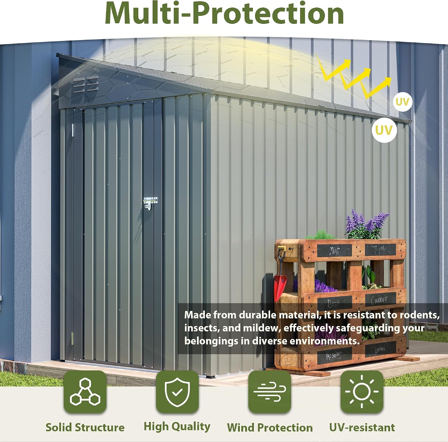 YOPTO 4×7 FT Outdoor Metal Storage Shed,Heavy-Duty Lean to Storage Shed with Lockable Door and Reinforced Beams,All Weather Waterproof Storage House W/2 Air Vents,for Backyard,Patio,Lawn,Gray