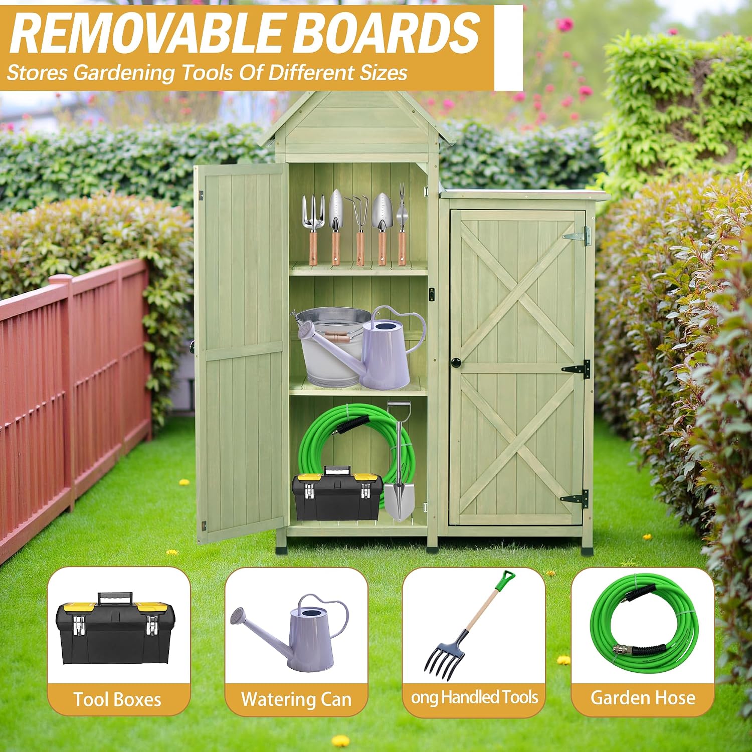 Outdoor Storage Cabinet - Waterproof Metal Roof & Wooden Vertical Design, Tall Garden Tool Shed with Multiple Shelves for Patio, Backyard, Lawn, Yard (Green, 22' x 46' x 67')