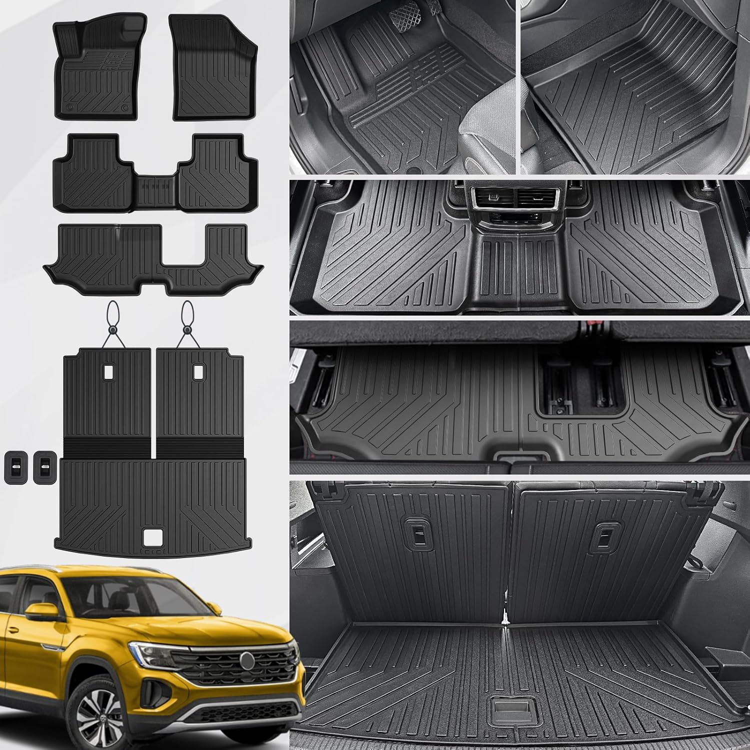 Floor Mats Set for 2018-2025 2026 Volkswagen VW Atlas 7 Seats Bench Seating Car Mat Accessories(Not Fit Cross Sport), All Weather TPE Cargo Liner Trunk Mat(Floor Mats+2-in-1 Cargo Mat)